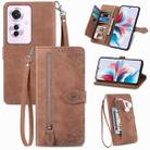 For OPPO Reno11 F 5G Embossed Flower Zipper Leather Phone Case(Brown) - 1