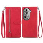 For OPPO Reno11 Pro 5G Embossed Flower Zipper Leather Phone Case(Red) - 1