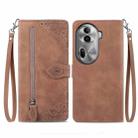 For OPPO Reno11 Pro 5G Embossed Flower Zipper Leather Phone Case(Brown) - 1