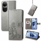 For OPPO A38 Four-leaf Clasp Embossed Buckle Leather Phone Case(Grey) - 1