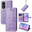 For OPPO A58 4G Cat and Dog Embossed Leather Phone Case(Purple) - 1