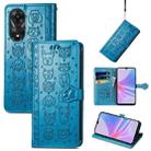 For OPPO A58 4G Cat and Dog Embossed Leather Phone Case(Blue) - 1