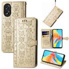 For OPPO A38 Cat and Dog Embossed Leather Phone Case(Gold) - 1