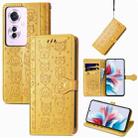 ForOPPO Reno11 F 5G Cat and Dog Embossed Leather Phone Case(Yellow) - 1