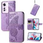 For OPPO Reno11 F 5G Butterfly Love Flower Embossed Leather Phone Case(Light Purple) - 1