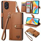 For OPPO A38 Love Zipper Lanyard Leather Phone Case(Brown) - 1