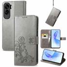 For Honor 90 Lite Four-leaf Clasp Embossed Buckle Leather Phone Case(Gray) - 1