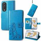 For Honor 90 5G Four-leaf Clasp Embossed Buckle Leather Phone Case(Blue) - 1