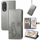 For Honor 90 5G Four-leaf Clasp Embossed Buckle Leather Phone Case(Gray) - 1