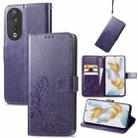 For Honor 90 5G Four-leaf Clasp Embossed Buckle Leather Phone Case(Purple) - 1