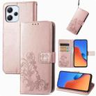 For Xiaomi Redmi 12 5G Four-leaf Clasp Embossed Buckle Leather Phone Case(Rose Gold) - 1