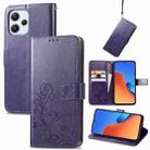 For Xiaomi Redmi 12 5G Four-leaf Clasp Embossed Buckle Leather Phone Case(Purple) - 1