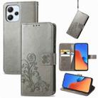 For Xiaomi Redmi 12 5G Four-leaf Clasp Embossed Buckle Leather Phone Case(Gray) - 1