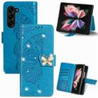 For  Samsung Galaxy Z Fold5  5G Rhinestones Butterfly Love Flower Embossed Leather Phone Case(Blue) - 1