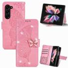 For  Samsung Galaxy Z Fold5  5G Rhinestones Butterfly Love Flower Embossed Leather Phone Case(Pink) - 1