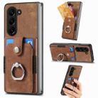 For  Samsung Galaxy Z Fold5 5G Retro Skin-feel Ring Multi-card Wallet Phone Case(Brown) - 1