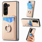 For Samsung Galaxy Z Fold6 5G Carbon Fiber Card Wallet Ring Holder Phone Case(Khaki) - 1