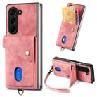 For Samsung Galaxy Z Fold6 5G Retro Card Wallet Fold Leather Phone Case with Strap(Pink) - 1