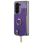 For  Samsung Galaxy Z Fold5 5G Retro Zipper Wallet Ring Leather Phone Case(Purple) - 1