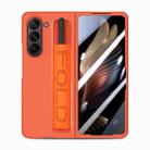 For Samsung   Galaxy Z Fold5 5G Integrated Film Wrist Grip Leather Phone Case with Pen Slot(Orange) - 1
