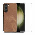 For Samsung Galaxy S23+ 5G ENKAY Retro Leather Skin PC Phone Case with 0.18mm Glass Film(Brown) - 1