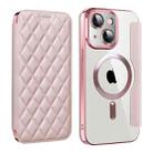 For iPhone 14 Plus Shield Magsafe RFID Anti-theft Rhombus Leather Phone Case(Pink) - 1