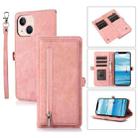 For iPhone 15 Zipper Card Slot Buckle Wallet Leather Phone Case(Pink) - 1