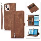 For iPhone 15 Plus Zipper Card Slot Buckle Wallet Leather Phone Case(Brown) - 1