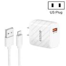 TE-005 QC3.0 18W USB Fast Charger with 1m 3A USB to 8 Pin Cable, US Plug(White) - 1