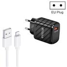 TE-005 QC3.0 18W USB Fast Charger with 1m 3A USB to 8 Pin Cable, EU Plug(Black) - 1