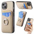 For iPhone 15 Carbon Fiber Card Wallet Ring Holder Phone Case(Khaki) - 1