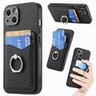 For iPhone 15 Pro Max Carbon Fiber Card Wallet Ring Holder Phone Case(Black) - 1