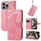 For iPhone 16 Pro Butterfly Love Flower Embossed Leather Phone Case(Pink) - 1