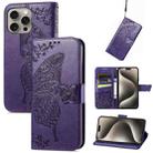 For iPhone 16 Pro Butterfly Love Flower Embossed Leather Phone Case(Purple) - 1