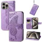 For iPhone 16 Pro Butterfly Love Flower Embossed Leather Phone Case(Lavender) - 1