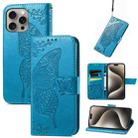 For iPhone 16 Pro Butterfly Love Flower Embossed Leather Phone Case(Blue) - 1