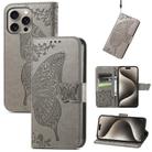 For iPhone 16 Pro Butterfly Love Flower Embossed Leather Phone Case(Gray) - 1