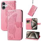 For iPhone 16 Plus Butterfly Love Flower Embossed Leather Phone Case(Pink) - 1