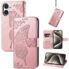 For iPhone 16 Plus Butterfly Love Flower Embossed Leather Phone Case(Rose Gold) - 1