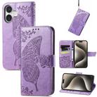 For iPhone 16 Plus Butterfly Love Flower Embossed Leather Phone Case(Lavender) - 1