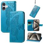 For iPhone 16 Plus Butterfly Love Flower Embossed Leather Phone Case(Blue) - 1