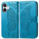 For iPhone 16 Plus Butterfly Love Flower Embossed Leather Phone Case(Blue) - 2