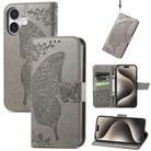 For iPhone 16 Plus Butterfly Love Flower Embossed Leather Phone Case(Gray) - 1