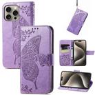 For iPhone 16 Pro Max Butterfly Love Flower Embossed Leather Phone Case(Lavender) - 1