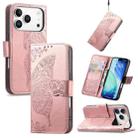 For iPhone 17 Pro Butterfly Love Flower Embossed Leather Phone Case(Rose Gold) - 1