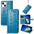 For iPhone 15 Cat and Dog Embossed Leather Phone Case(Blue) - 1