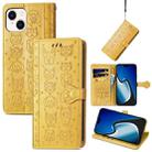 For iPhone 15 Cat and Dog Embossed Leather Phone Case(Yellow) - 1