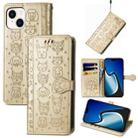 For iPhone 15 Cat and Dog Embossed Leather Phone Case(Gold) - 1