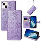 For iPhone 15 Cat and Dog Embossed Leather Phone Case(Purple) - 1