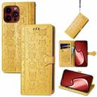 For iPhone 15 Pro Cat and Dog Embossed Leather Phone Case(Yellow) - 1